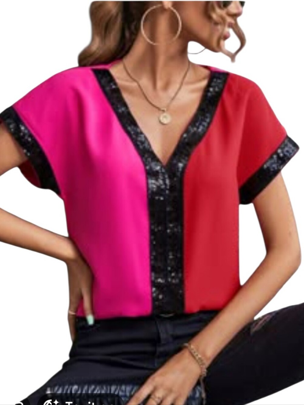 SHEIN Pink and Red V-Neck Sequin Trim Colorblock Top Size 2